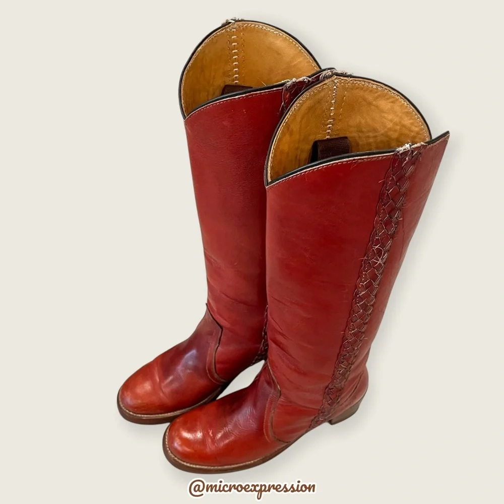 VINTAGE 1970s Frye Leather Red-Brown Leather Braided Knee High Block Heel Boot